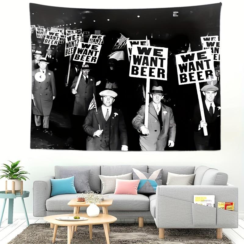 We Want Beer Prohibition Era Wall Tapestry - Fashion Herringbone Pattern Peach Skin Velvet Fabric, Polyester Woven Tapestry for Bedroom, Indoor Use, Theme Party Decor, Easy Hang - Includes Installation Accessories, Retro Art Dormitory Wall Hangingt