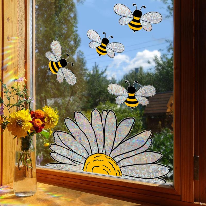 Daisy & Bee Pattern Static Cling Window Sticker, Window Decal, Decorative Window Cling for Home Decor, Room Decor