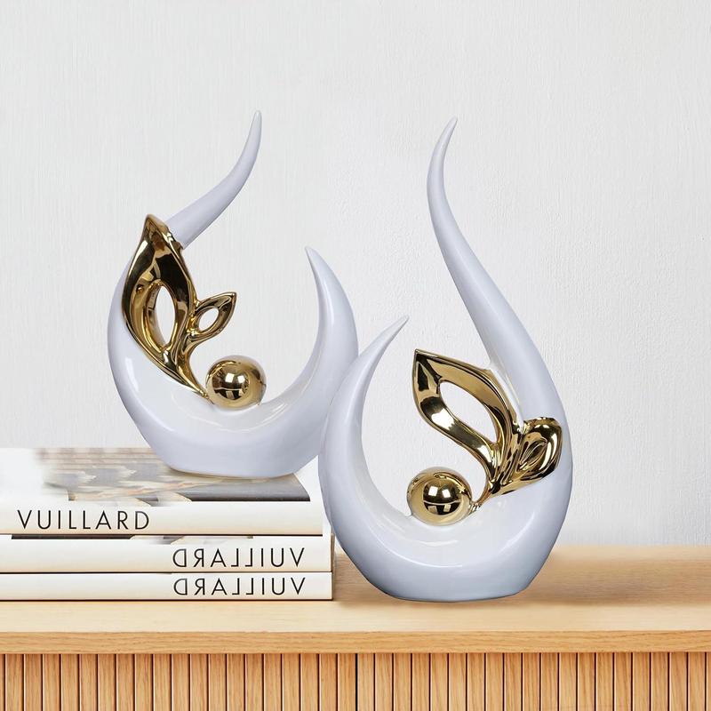 2 PCS White Gold Home Decor Accent Ceramic Statue Abstract Sculptures Centerpieces Mid Century Modern Decor for Tables Coffee Table top Decorations for Living Room Desktop Shelf Dining Room Kitchen