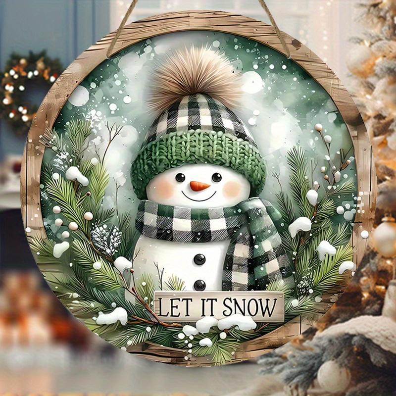 Christmas Snowman Pattern Wooden Hanging Sign, 1 Count Let It Snow Round Sign, Cute Winter Hanging Sign for Front Door Wall Decor