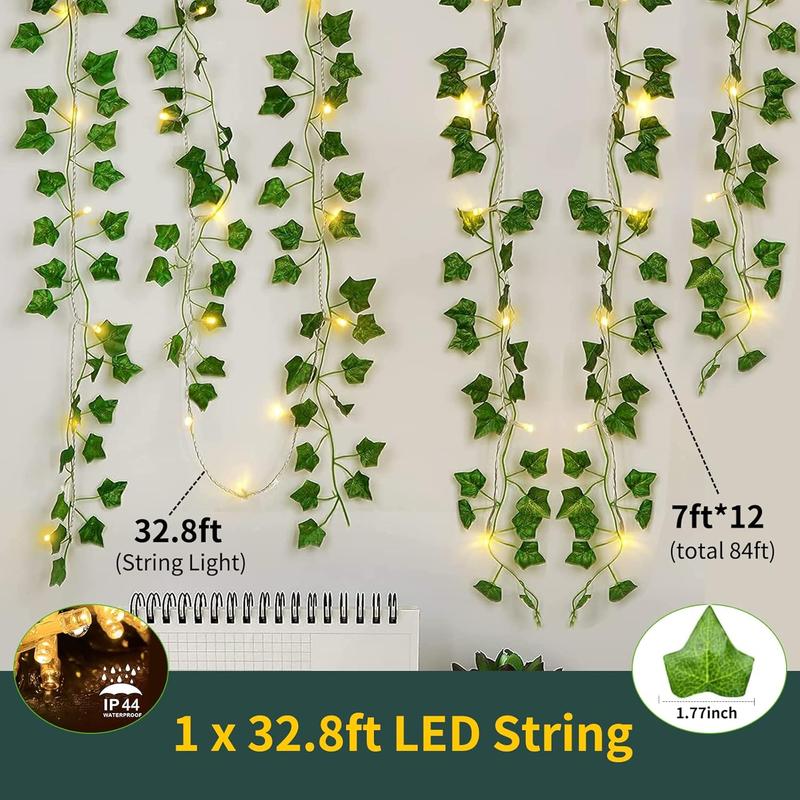 84Ft 12 Pack Artificial Ivy Garland Fake Plants, Vine Hanging Garland with CE Certified 80 LED String Light