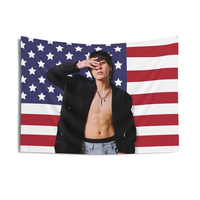 Bts Jungkook Seven America Flag Banner, Jungkook Seven Kpop Flag, Jungkook Golden Merch, Gift Ideas for ARMY, Birthday Gift & Concert Merch 3x5ft Celebrity USA Flag Tapestry for Wall hanging, College Dorm, Living Room, Bed Room, Home Decor