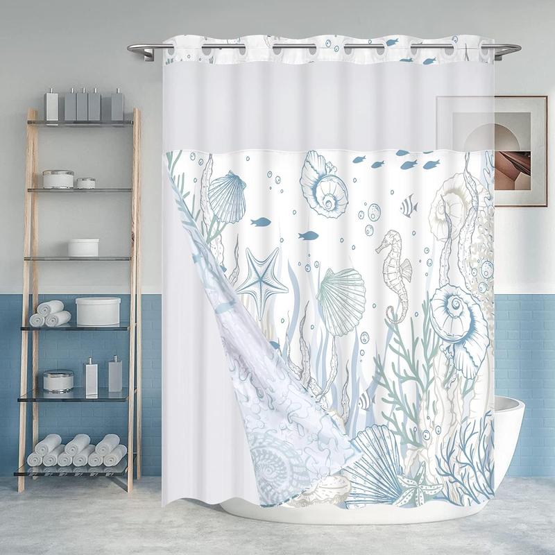 No Hook Shower Curtain with Snap in Liner Seashell Beach Shower Curtain Fabric Waterproof Inner Liner Themed Shower Curtains for Bathroom Decor shower curtain