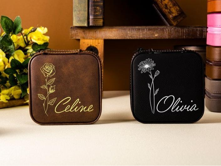 Personalized Jewelry Case, Birth Flower Jewelry Travel Case, Birth Month Flower Gift, Personalized Birthday Gift, Leather Jewelry Travel Case, Custom Jewelry Case