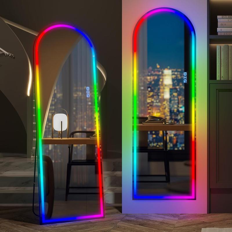 LVSOMT Arch Full Length Mirror with RGB LED Lights, Wall Mounted Floor Standing Full Body Mirror, Arched Light Up Mirror, Stand Up Lighted Mirror for Bedroom, Living Room