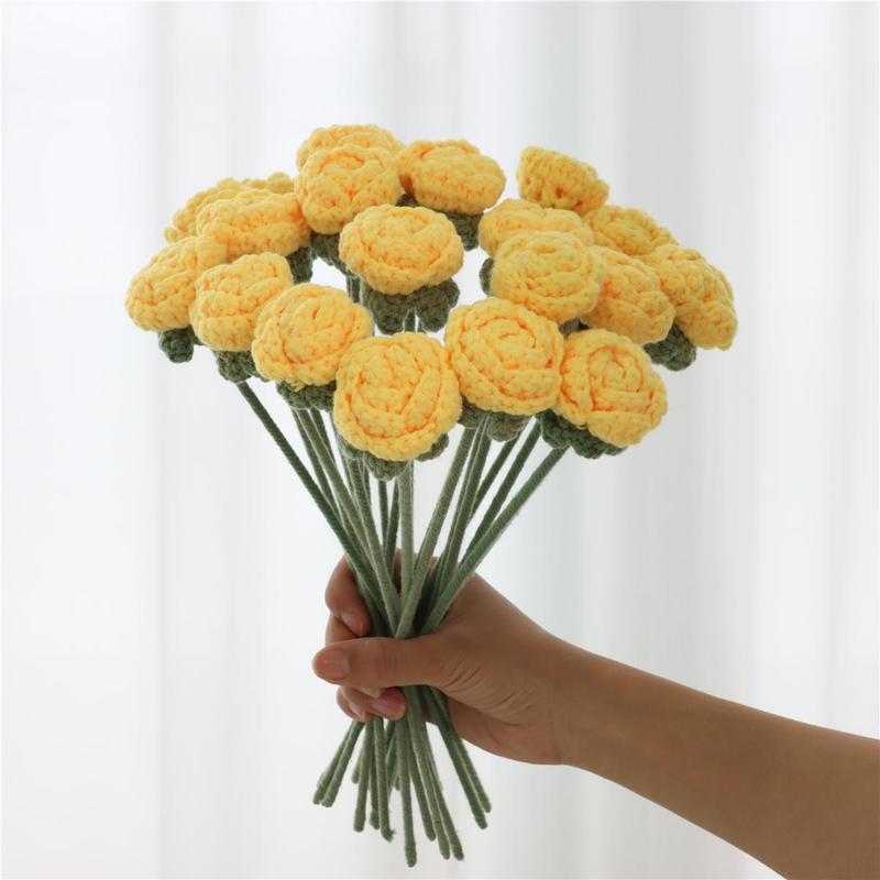 Artificial Flower Bouquet without Vase, 10pcs Handmade Crochet Rose Bouquet, Decorative Flower for Home Living Room Bedroom Dining Room Wedding Party