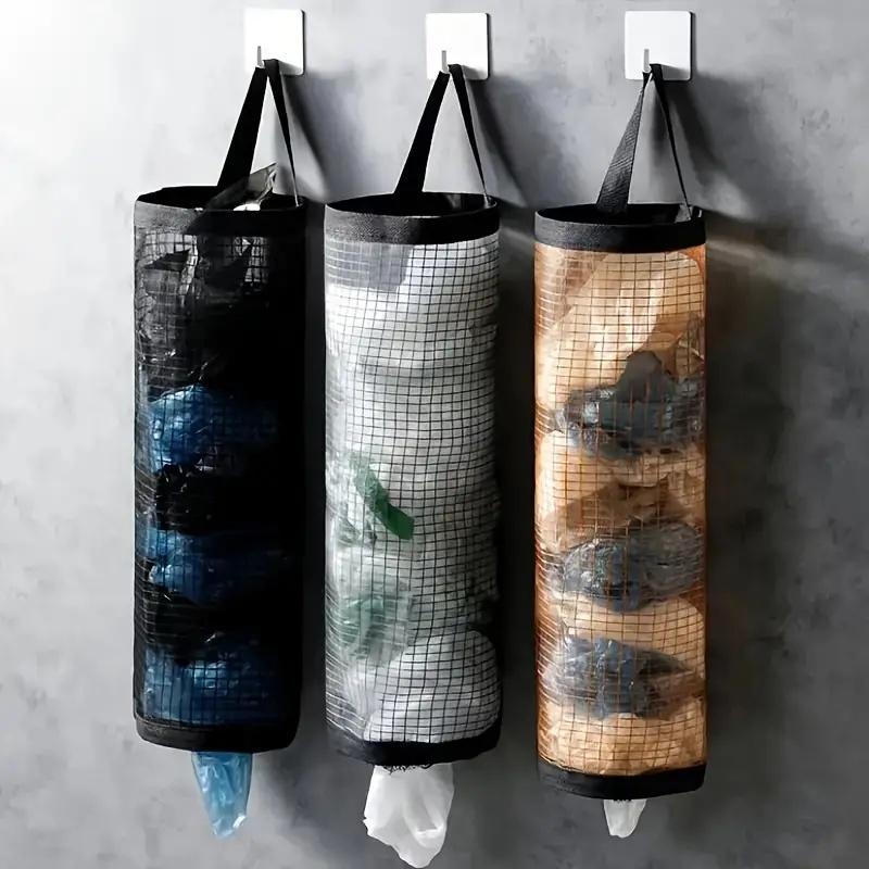 Garbage Bag Storage Hanging Bag, 3 Counts Wall Mounted Drawstring Shoe Storage Bag, Kitchen Plastic Bag Organizer, Woven Mesh Bag