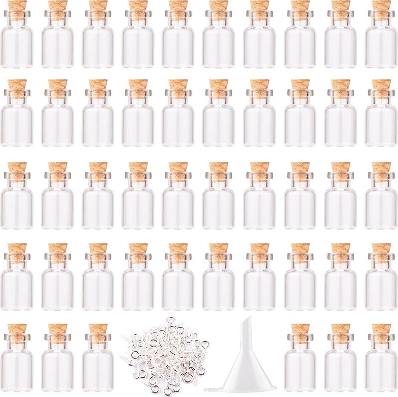 48 count 2ml Mini Glass Jars with Cork Stoppers Eye Screws Funnel,Small Glass Bottles Tiny Vials for Arts Crafts DIY Projects Wedding Party Favors