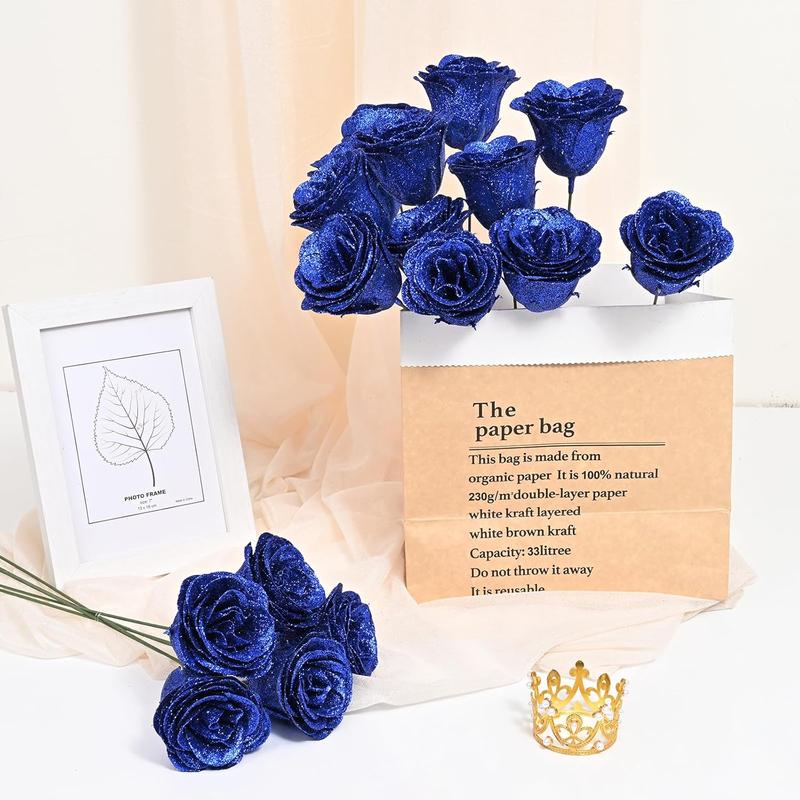 Glitter Roses Bouquet, DIY Fake Glitter Flowers Bouquet, Everlasting Shiny Artificial Blue Rose Bouquet for Mothers Day Gifts, Anniversary, Engagement, Wedding,36 Roses