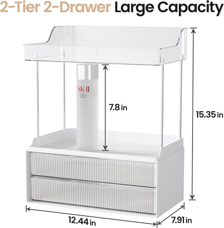 DELAMU 2-Tier 2-Drawer Exquisite Vanity Organizer, Multi-Purpose Makeup Organizer Countertop, Large Skincare Organizers, Bathroom Organizer Countertop organizing  rack