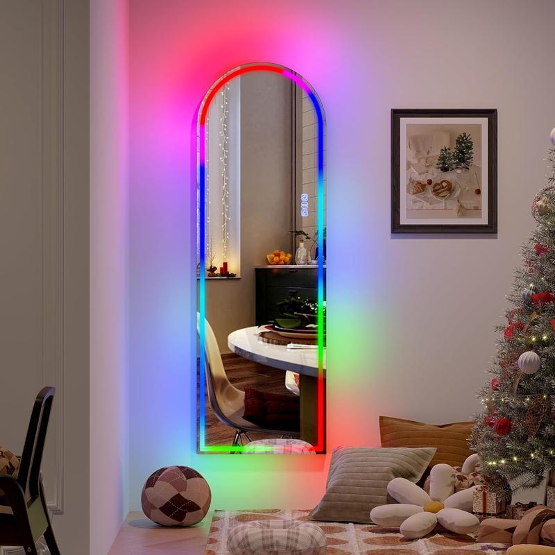 LVSOMT Arch Full Length Mirror with RGB LED Lights, Wall Mounted Floor Standing Full Body Mirror, Arched Light Up Mirror, Stand Up Lighted Mirror for Bedroom, Living Room