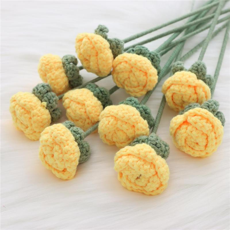 Artificial Flower Bouquet without Vase, 10pcs Handmade Crochet Rose Bouquet, Decorative Flower for Home Living Room Bedroom Dining Room Wedding Party