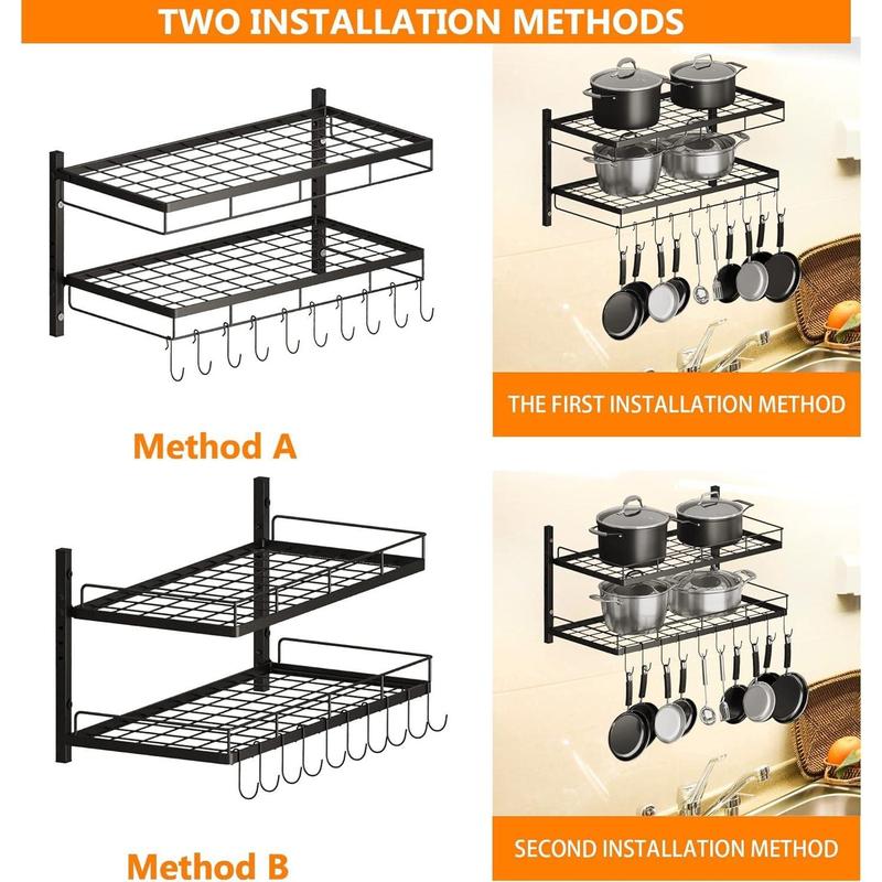 1 2 tiers Pot and Pan Hanger, Wall Mounted Pots and Pan Hanging Rack with 8 Hooks for Kitchen Cookware Utensils 2 DIY Methods Black Steel Hanging Pot Rack, storage holders & racks Organiser Hangable