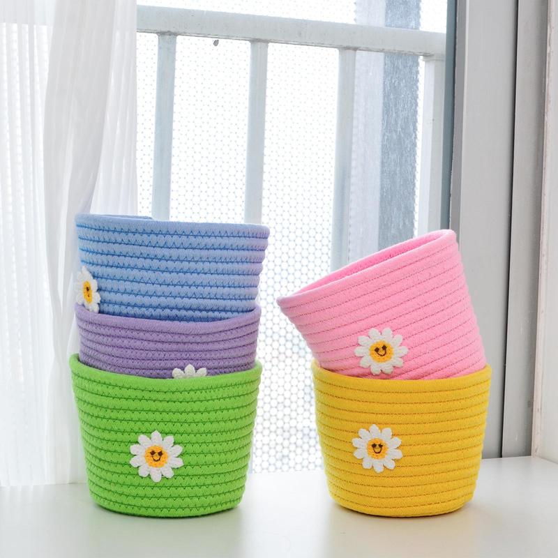 Flower Pattern Storage Basket, 1 5 Counts Cute Knitted Storage Basket, Multifunctional Desktop Storage Organizer for Home Bedroom Living Room