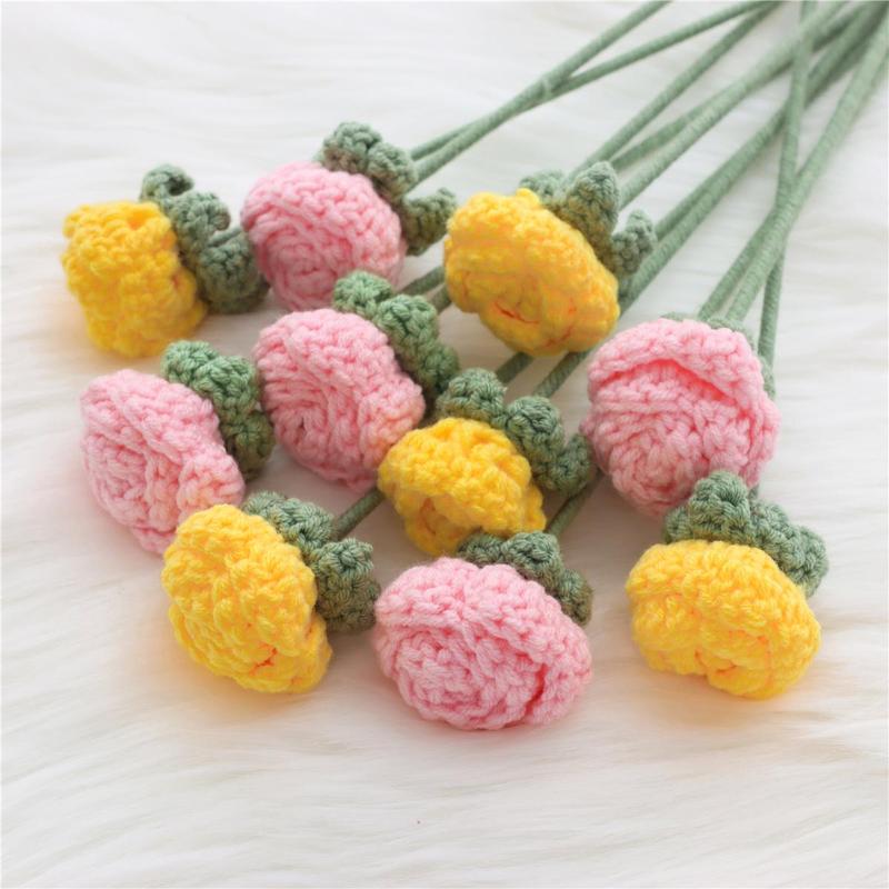 Artificial Flower Bouquet without Vase, 10pcs Handmade Crochet Rose Bouquet, Decorative Flower for Home Living Room Bedroom Dining Room Wedding Party