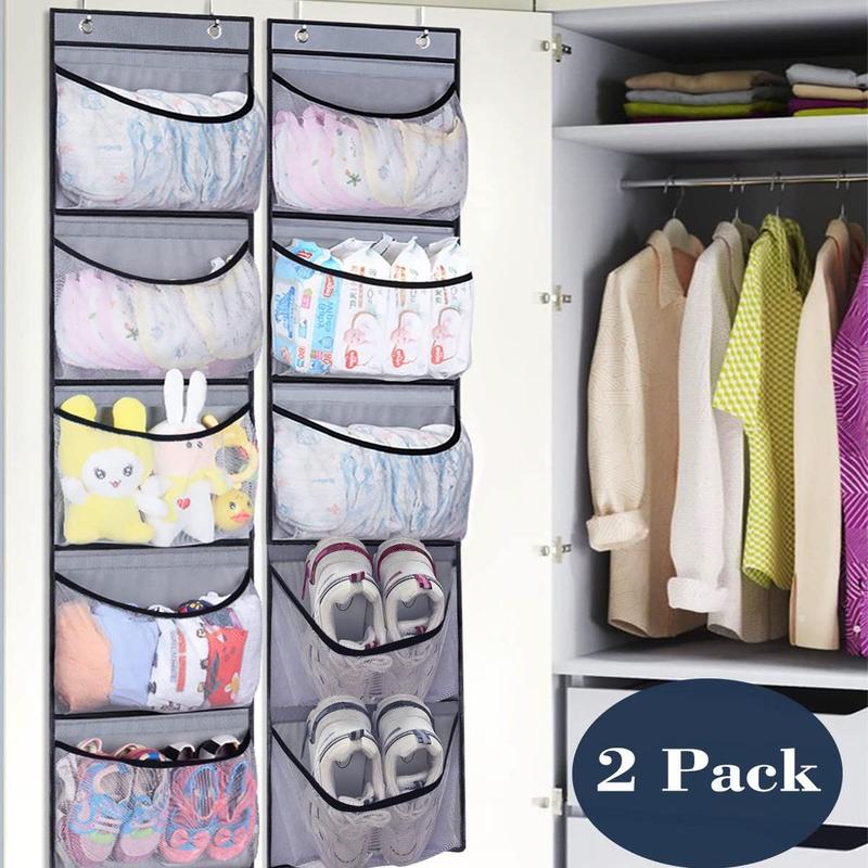 Over The Door Hanging Storage Bag, 2 Counts Foldable Hanging Closet Storage Bag with 5 Large Pockets, Hanging Diaper Caddy Organizer