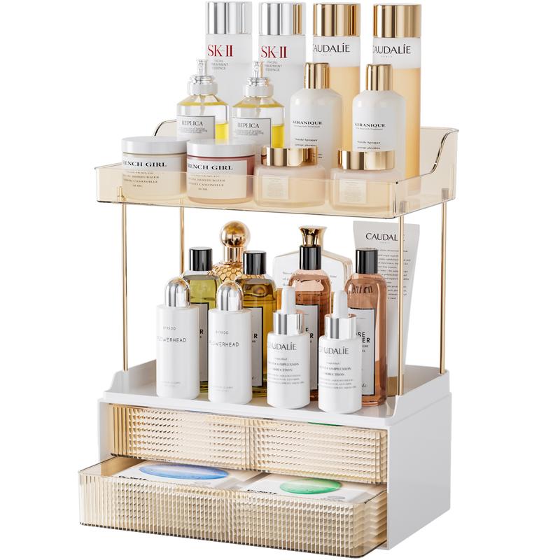 DELAMU 2-Tier 2-Drawer Exquisite Vanity Organizer, Multi-Purpose Makeup Organizer Countertop, Large Skincare Organizers, Bathroom Organizer Countertop organizing  rack