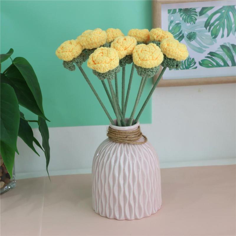 Artificial Flower Bouquet without Vase, 10pcs Handmade Crochet Rose Bouquet, Decorative Flower for Home Living Room Bedroom Dining Room Wedding Party