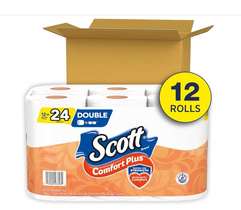 Scott ComfortPlus Toilet Paper, 12 Double Rolls, 231 Sheets per Roll, Septic-Safe, 1-Ply Toilet Tissue