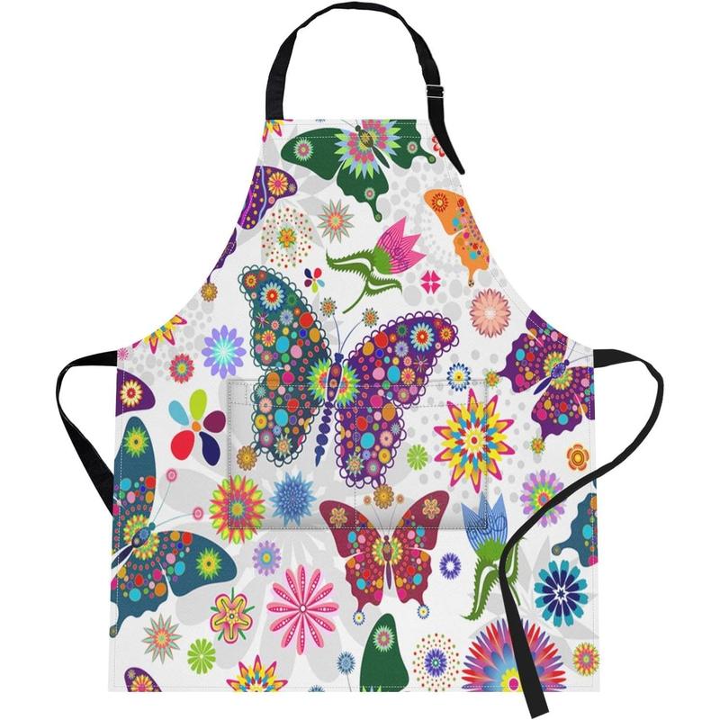 Apron Home Kitchen Cooking Baking Gardening for Women Men With Pockets Floral Colorful Butterflies Flowers Romantic 32x28 inch