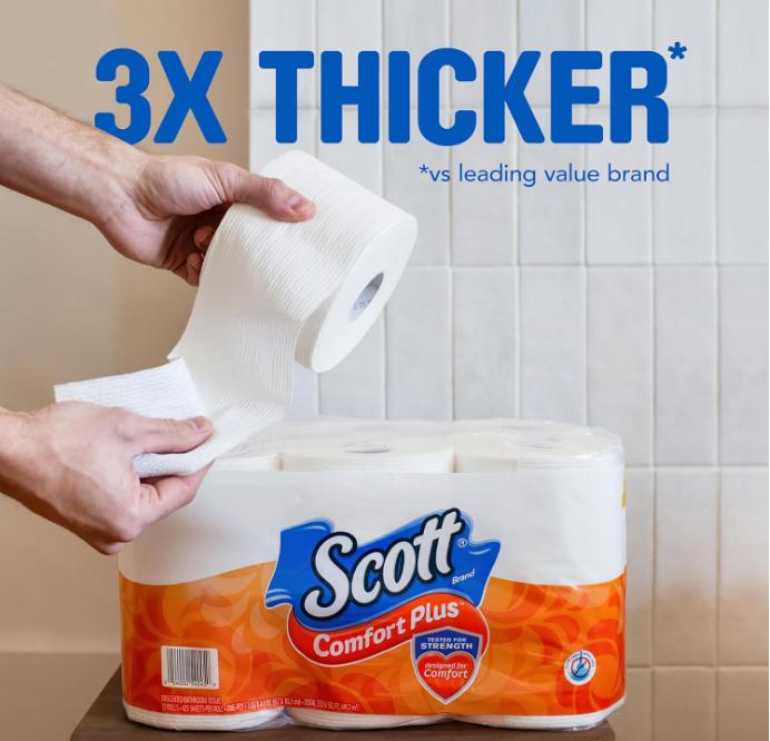 Scott ComfortPlus Toilet Paper, 12 Double Rolls, 231 Sheets per Roll, Septic-Safe, 1-Ply Toilet Tissue