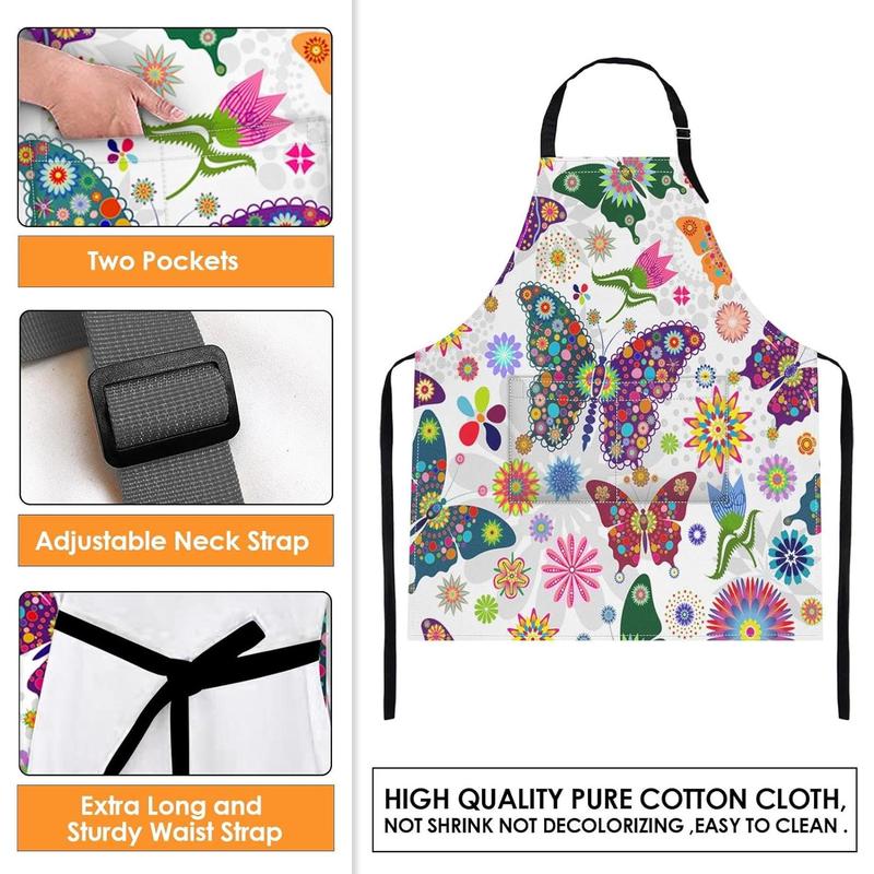 Apron Home Kitchen Cooking Baking Gardening for Women Men With Pockets Floral Colorful Butterflies Flowers Romantic 32x28 inch