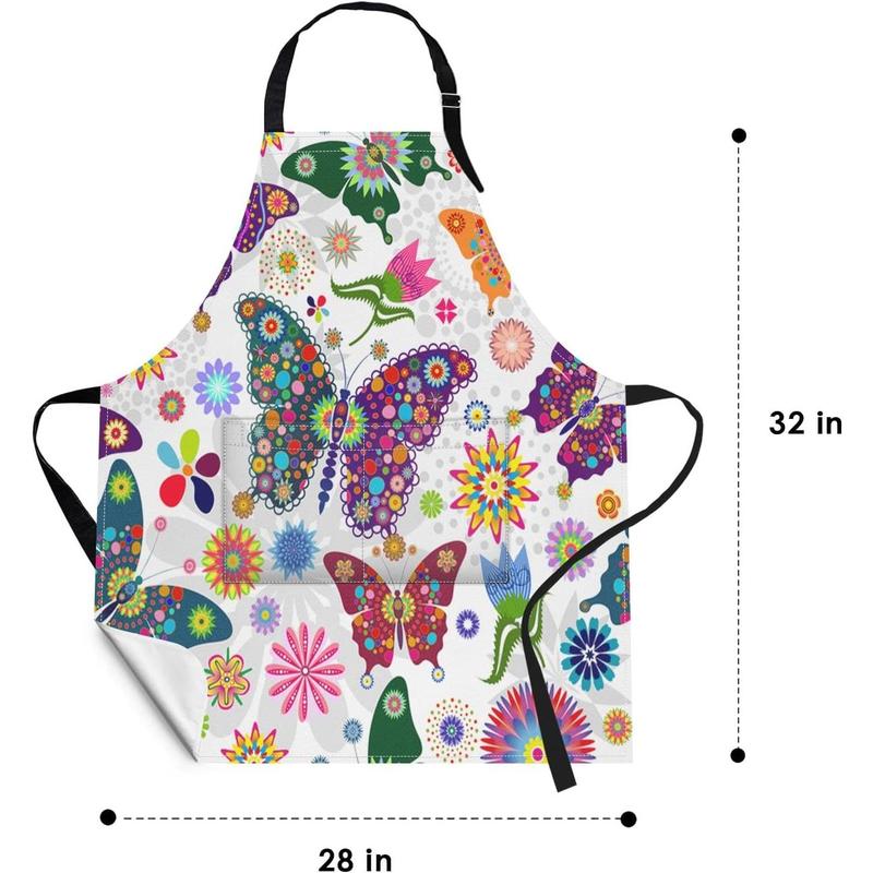 Apron Home Kitchen Cooking Baking Gardening for Women Men With Pockets Floral Colorful Butterflies Flowers Romantic 32x28 inch