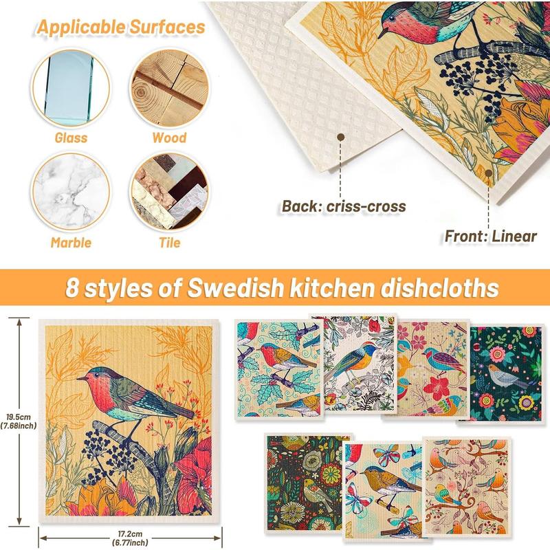 8 Pack Swedish Dishcloths for Kitchen, Reusable Soft Kitchen Towels Dish Cloths Set Absorbent Sponge Cleaning Washable Quick Drying Bar Hand Washing (Birds Flowers)