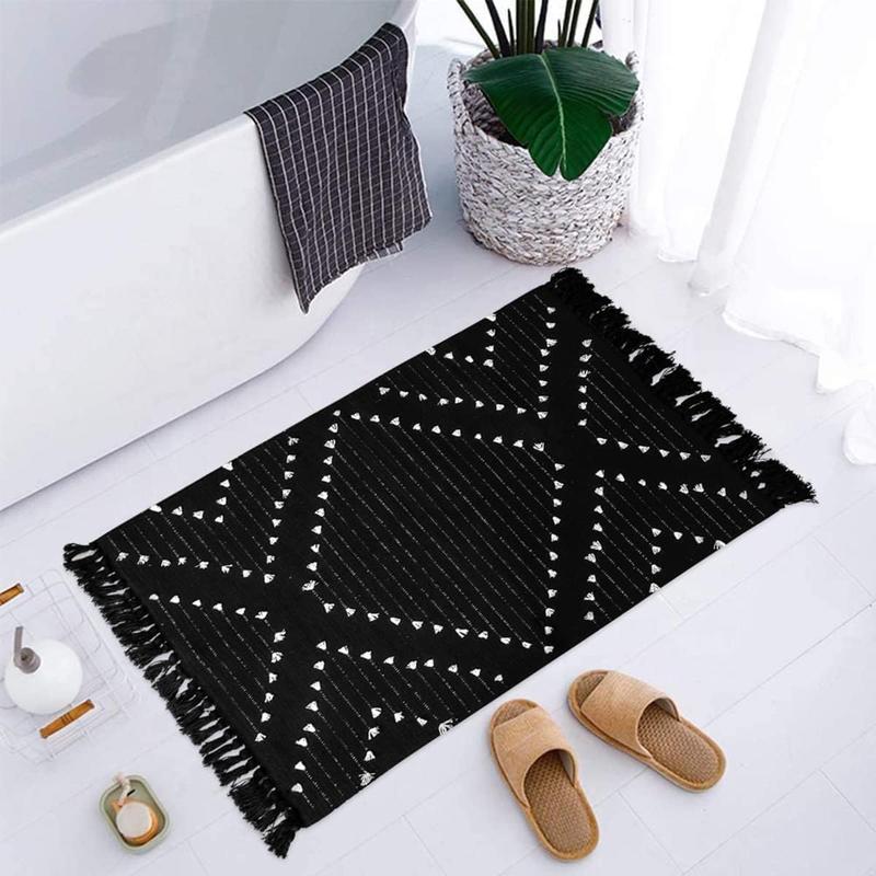 Boho Bathroom Rug Washable Black Rug Small Moroccan Throw Rug for Bath,Cotton Woven Area Rug Carpet with Tassel for Entryway Kitchen Sink Front Door Mat Decoration