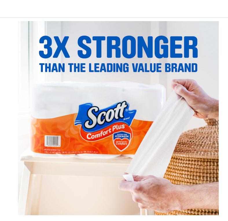 Scott ComfortPlus Toilet Paper, 12 Double Rolls, 231 Sheets per Roll, Septic-Safe, 1-Ply Toilet Tissue