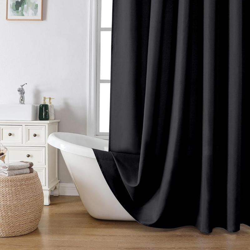 Solid Black Shower Curtain for Bathroom,Fabric - Soft Cloth,Water Repellent, Machine Washable Shower Curtain Set with 12 Hooks, Grommets Top, 72Wx72L