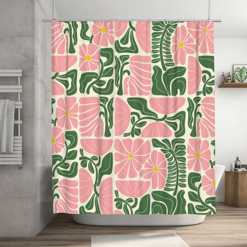 Abstract Floral Print Shower Curtain, 1 Count Waterproof Punch Free Shower Curtain with 12pcs Hooks, Bathroom Decor Supplies