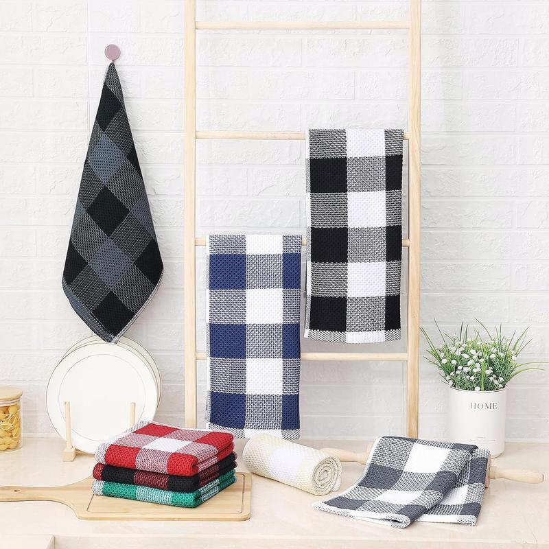 Cotton Waffle Weave Check Plaid Towels - 4-Pack, 13 x 28 Inches. Super Soft, Absorbent for Drying Dishes. White & Black Cleaning Towels.