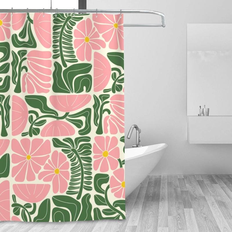 Abstract Floral Print Shower Curtain, 1 Count Waterproof Punch Free Shower Curtain with 12pcs Hooks, Bathroom Decor Supplies