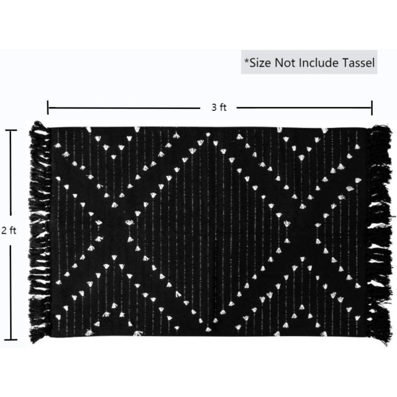 Boho Bathroom Rug Washable Black Rug Small Moroccan Throw Rug for Bath,Cotton Woven Area Rug Carpet with Tassel for Entryway Kitchen Sink Front Door Mat Decoration