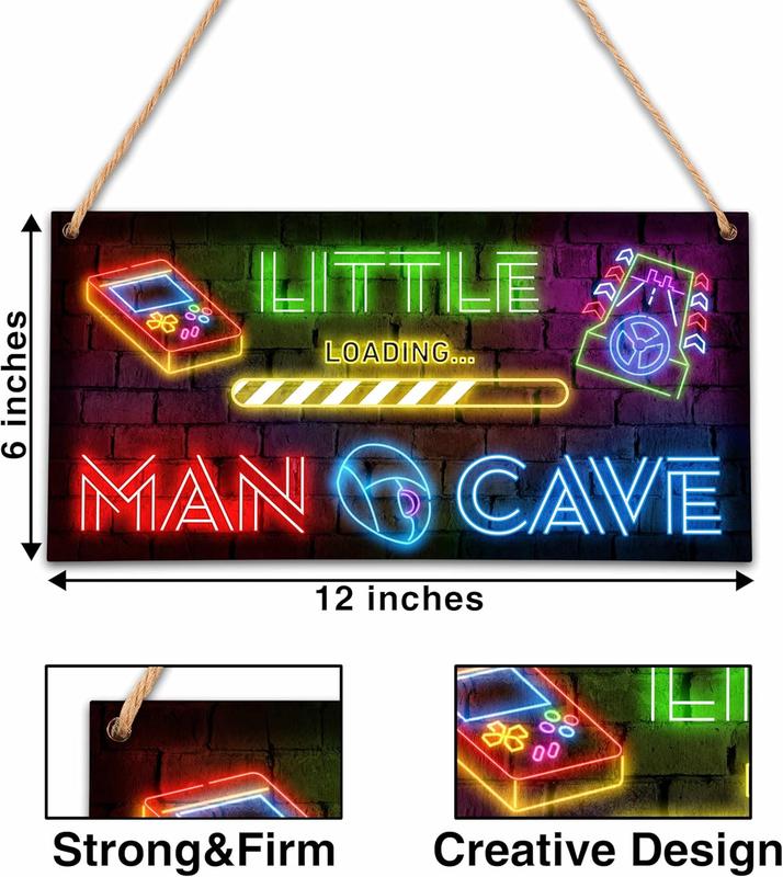 Little Man Cave, Neon Gaming Wooden Door Sign for Gamer Room Decor, Boys Decorations for Bedroom  Playroom Wall Art (6