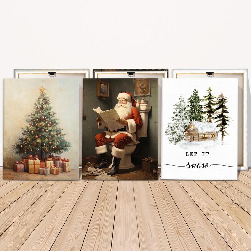 Wooden Framed Canvas Painting, 3 Counts set Vintage Christmas Tree & Santa Claus Pattern Wall Art, Wall Decor for Home Living Room Bedroom Office Room Decor, Christmas 2024 Ornament, Christmas Gift Ideas, Stocking Stuffers