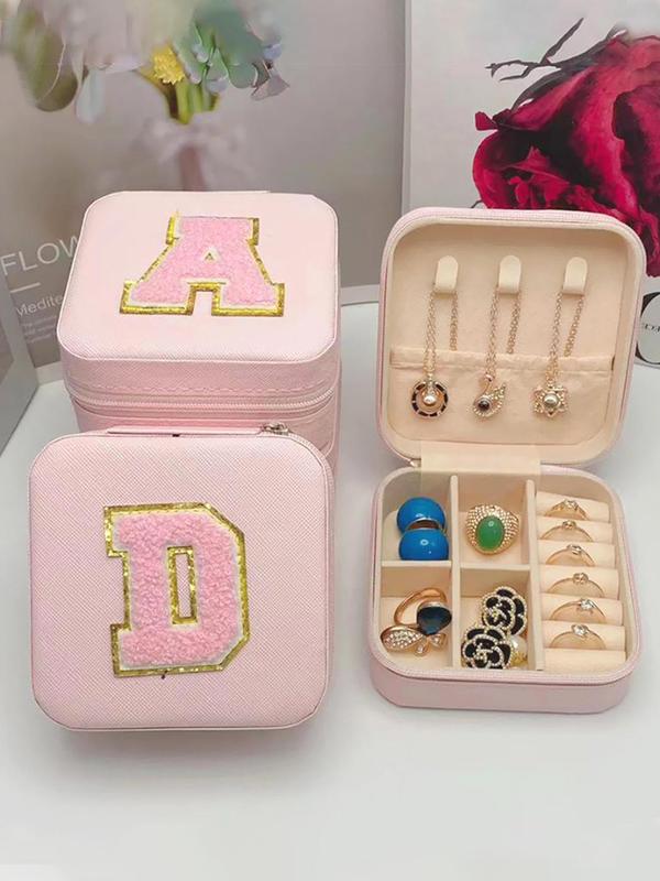 Plush Letter Embroidering Design Jewelry Storage Box,  Portable Waterproof Jewelry Organizer for Women, Jewelry Display Stand for Travel & Daily Use, Gift for Her Girlfriend