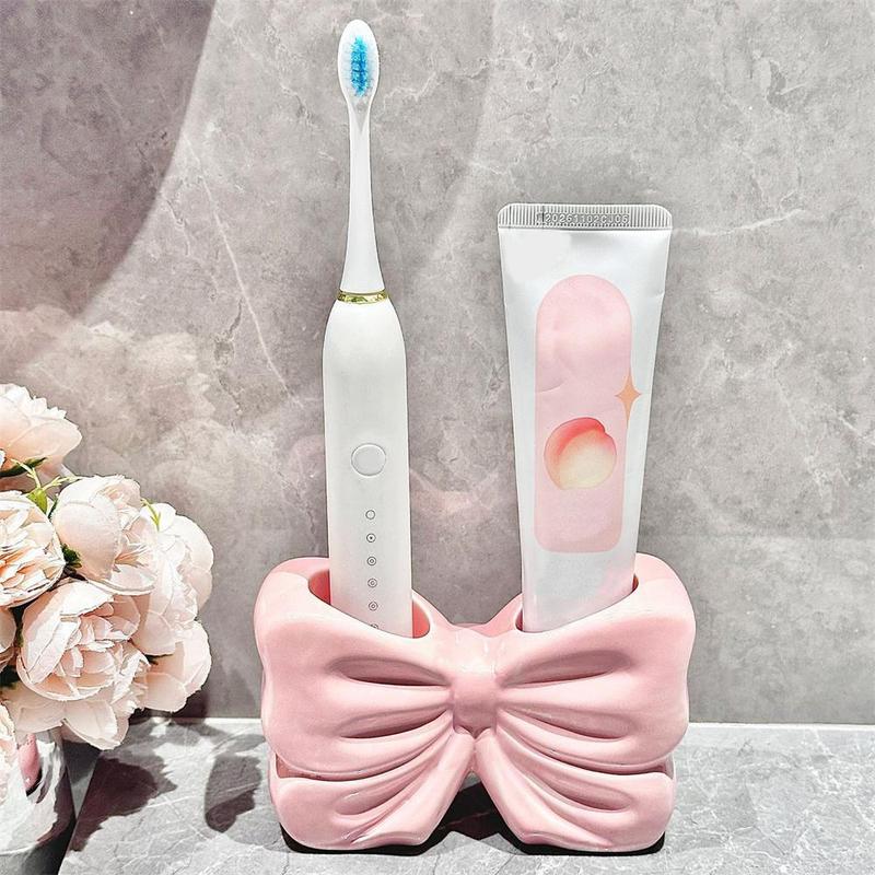 Bowknot Design Toothbrush Holder, 1 Count Ceramic Toothbrush Storage Rack, Bathroom Supplies for Home Hotel Salon Dormitory