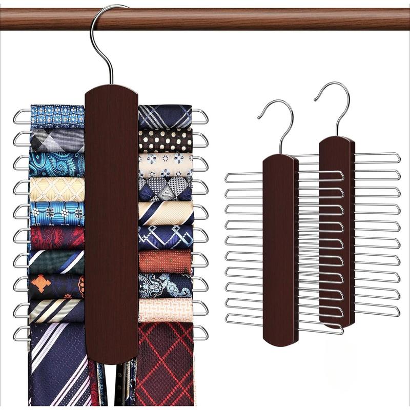 2 Pack Tie Rack for Closet,Wooden Necktie Organizer Storage Tie Belt Hanger,360 Degree Swivel Space Saving Ties Holder for Men Hanging 40 Ties,Scarves