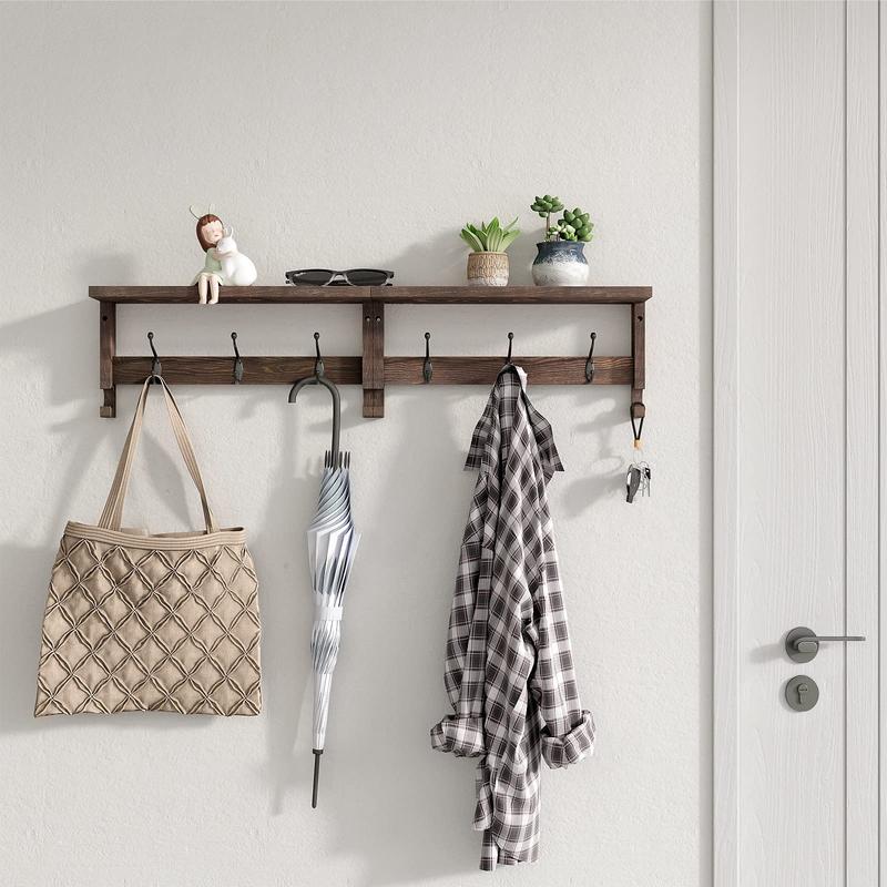 Coat Hooks, Wood Rack Wall-Mounted, 31.5 Inch Entryway Shelf with 10 Hooks (Brown) Decor Hanging Frames Wooden Organiser Shelves Kitchen