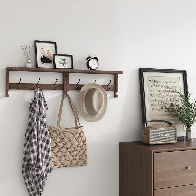 Coat Hooks, Wood Rack Wall-Mounted, 31.5 Inch Entryway Shelf with 10 Hooks (Brown) Decor Hanging Frames Wooden Organiser Shelves Kitchen