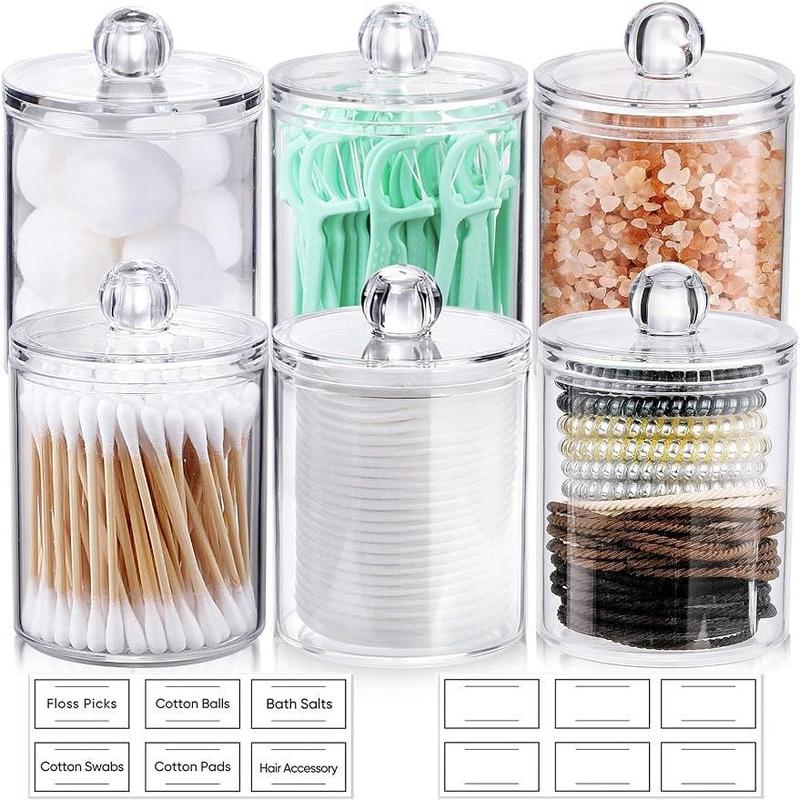 6 Pack Qtip Holder Dispenser for Cotton Ball, Cotton Swab, Cotton Round Pads, Floss - 10 oz Clear Plastic Apothecary Jar Set for Bathroom Canister Storage Organization, Vanity Makeup Organizer Bottles Containers