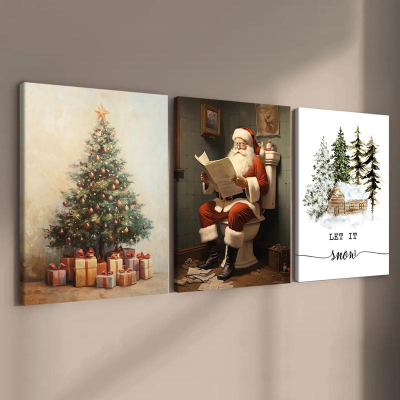 Wooden Framed Canvas Painting, 3 Counts set Vintage Christmas Tree & Santa Claus Pattern Wall Art, Wall Decor for Home Living Room Bedroom Office Room Decor, Christmas 2024 Ornament, Christmas Gift Ideas, Stocking Stuffers