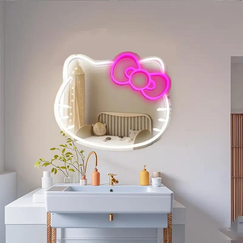 Kitty FACE  LED Makeup Mirror with Adjustable Brightness - Wall-Mounted Cartoon Neon Light for Girls' Bedroom Decor & Gifts