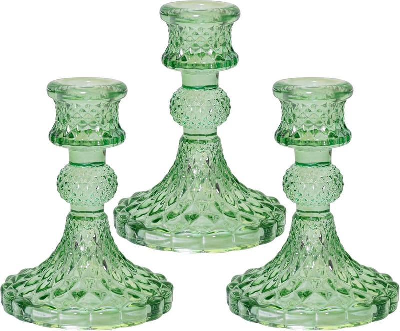 Glass Candlestick Holder Taper and Pillar Candle Holder, Desktop Decoration for Wedding Dinning Party-3 pcs(Green)