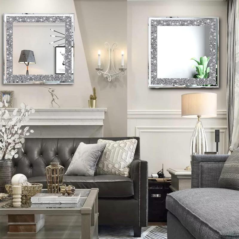 2 Piece Wall Mirrors, Crush Diamond Mirrors Decor, Silver Decorative for Living Room Bedroom, Bathroom. (12”x12”) Hanging Set Crystal Circle