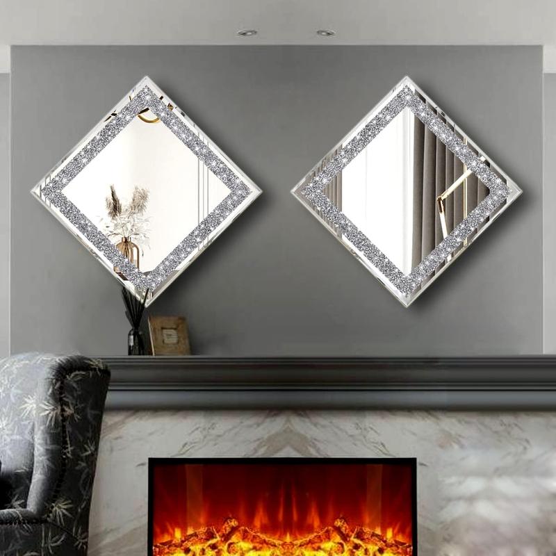 2 Piece Wall Mirrors, Crush Diamond Mirrors Decor, Silver Decorative for Living Room Bedroom, Bathroom. (12”x12”) Hanging Set Crystal Circle