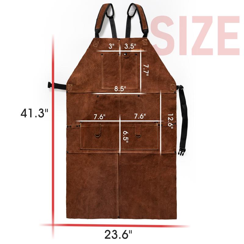 YESWELDER Leather Welding Work Shop Apron with 6 Tool Pockets, Heat & Flame Resistant Cowhide Apron, Heavy Duty Adjustable Aprons, Length 41