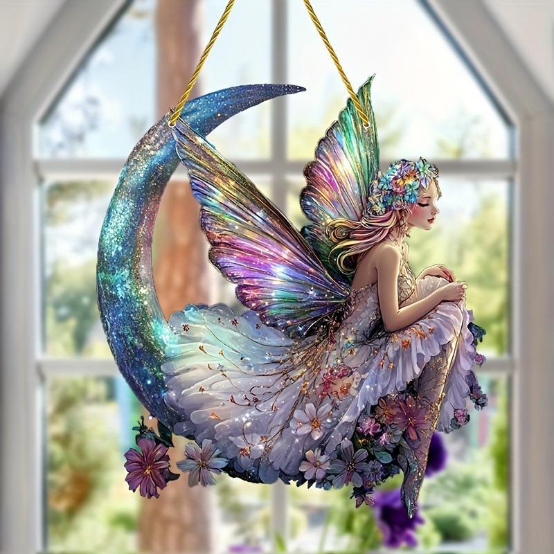 Moon & Butterfly Fairy Design Sun Catcher, 1 Count Double Sided Acrylic Hanging Ornament, Hanging Decor for Home Living Room Bedroom Outdoor Space